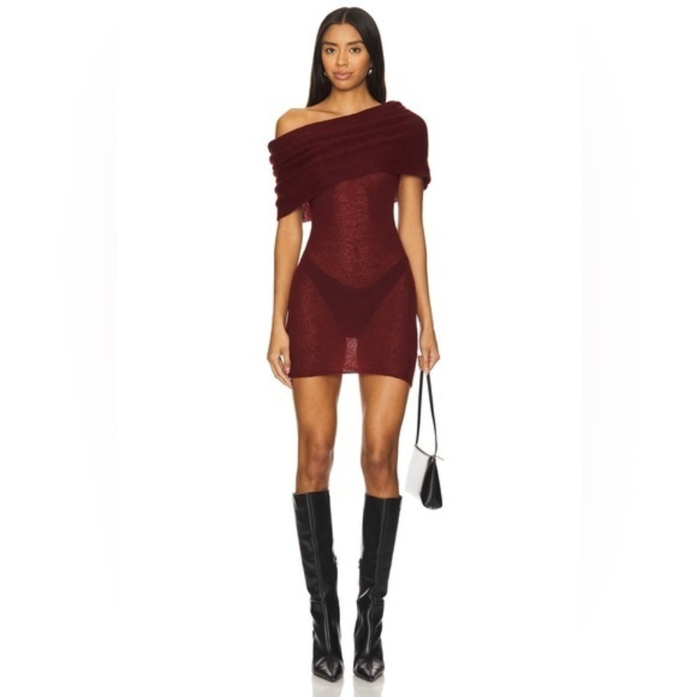 H:OURS ADELE OFF THE SHOULDER SWEATER MINI DRESS IN OXBLOOD